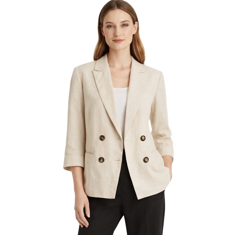 Halston Linen Blazer M Beige Workwear Office Double Breasted